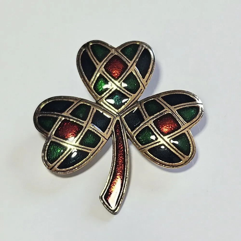 Vintage Sol D'or Heart Shamrock Red Green Blue Enameled Celtic Brooch Pendant